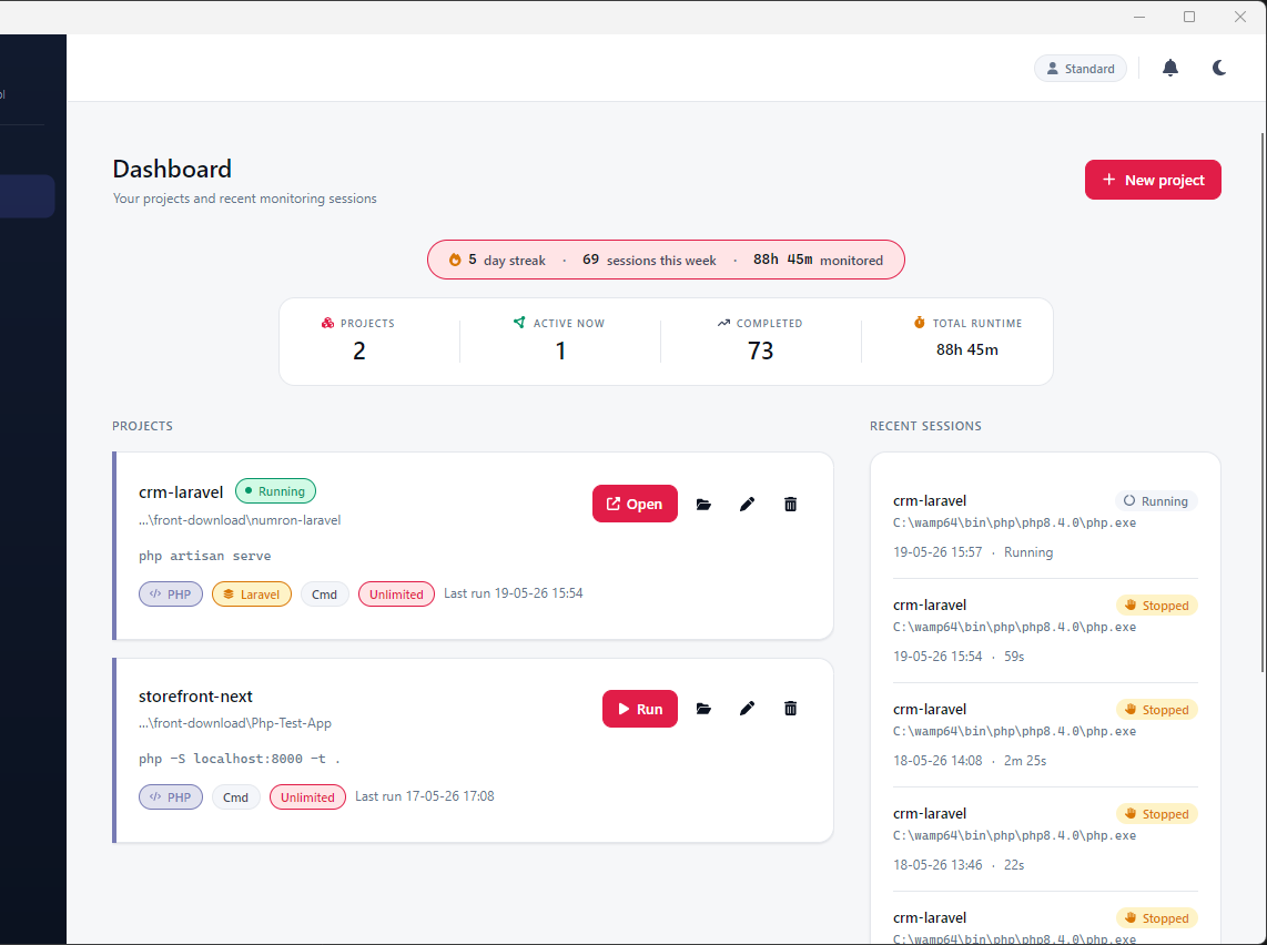 Ambih Monitor — dashboard with streak, KPIs and live monitoring sessions