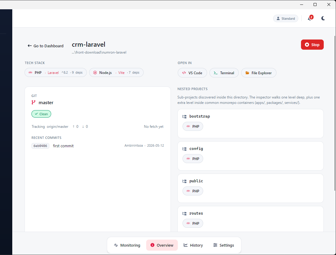 Ambih Monitor project Overview page showing tech stack chips, Git status and nested projects