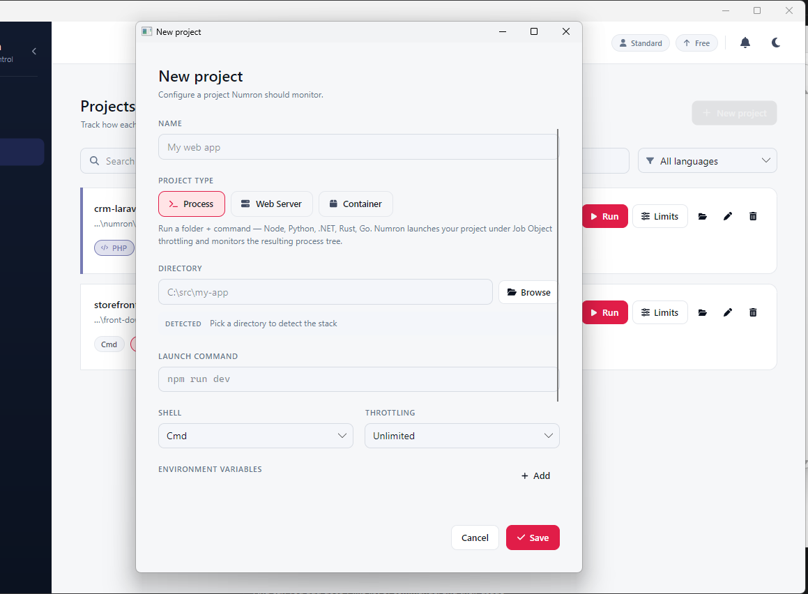 The New project dialog in Ambih Monitor, showing the Name, Project type, Directory, Launch command, Shell, Throttling and Environment variables fields.