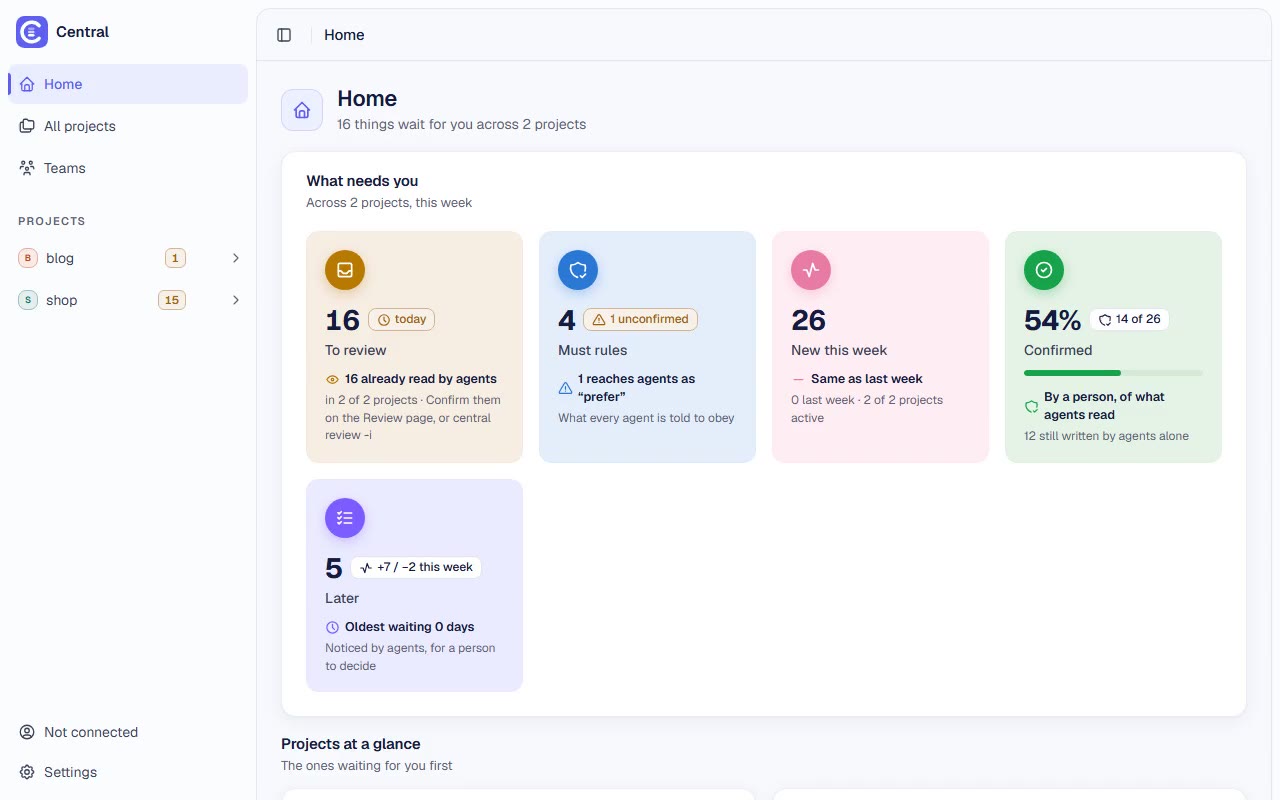 A tour of the Central dashboard: the home page, a project, a plan and its board of tasks, the follow-ups, and confirming what an agent wrote.
