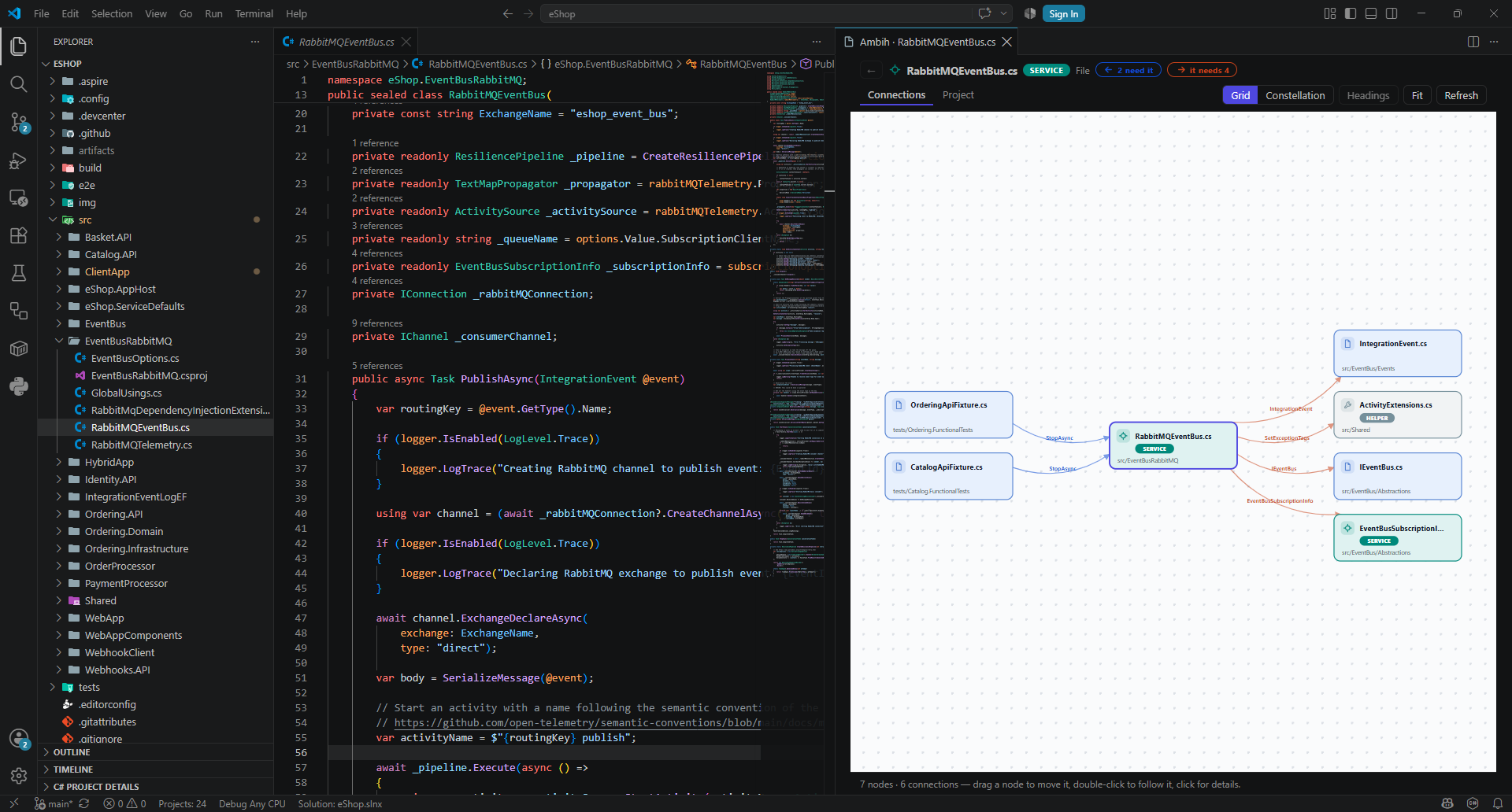 The Ambih VS Code extension showing a connections graph beside the editor