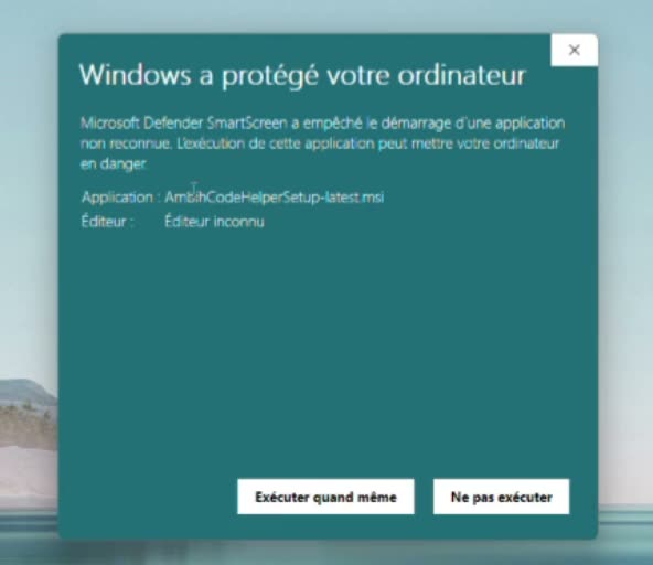 Screen recording: the Windows SmartScreen warning, then the Ambih Code Helper setup wizard.