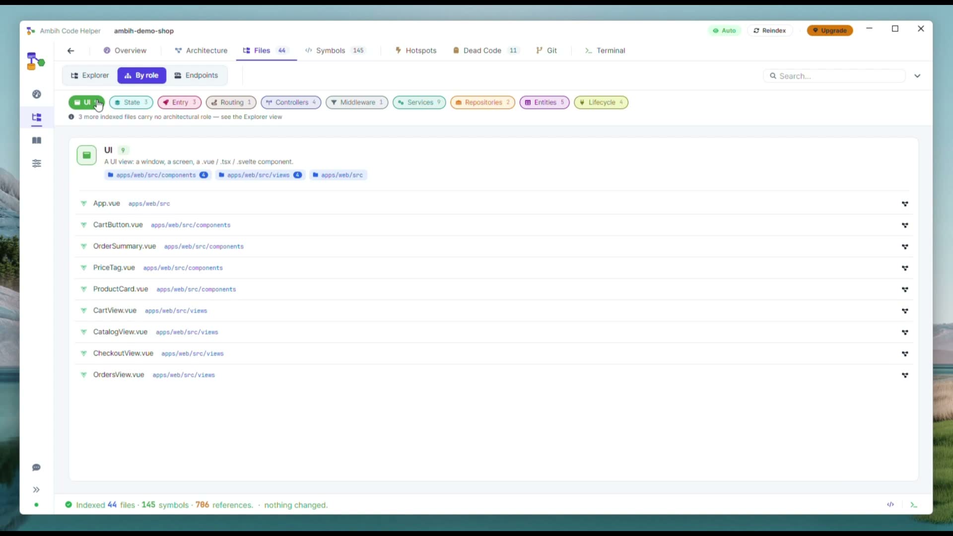 Code Helper’s Files tab, By role: chips for UI, Routing, Controllers, Services and Entities, with the Entities group listing five entity files