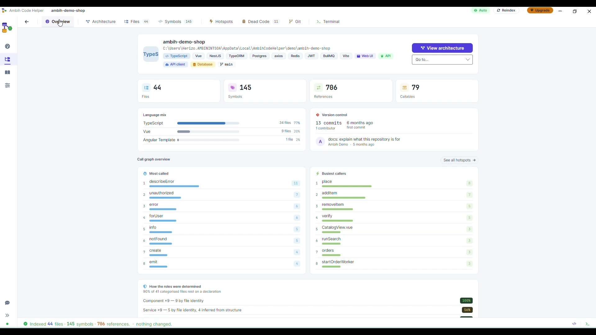 Ambih Code Helper: the Overview tab showing the project’s stack and totals, then files grouped by role, then the architecture map with a file selected