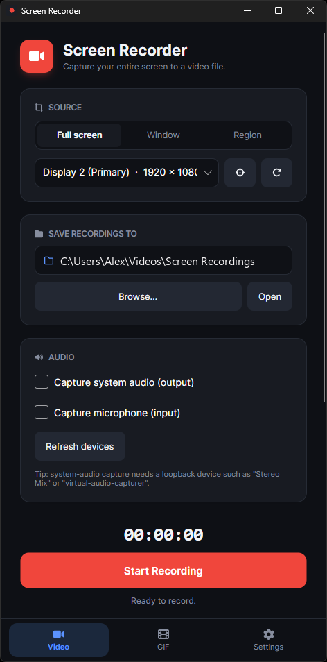 Screen Recorder window with source, save folder and audio options