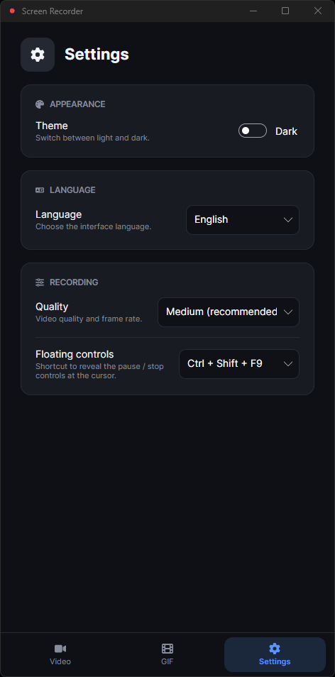 Screen Recorder settings with theme, language, quality and shortcut options