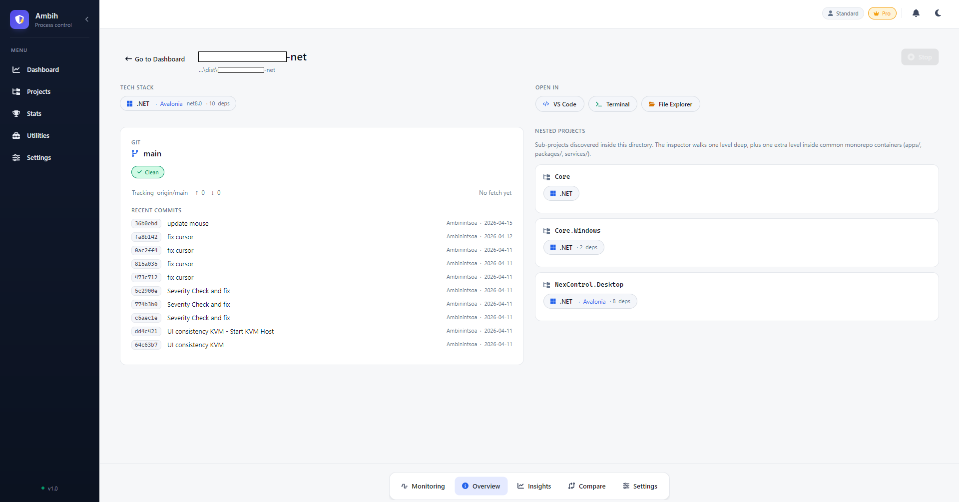 Page Aperçu Ambih Monitor montrant les chips de stack, le statut Git et les sous-projets